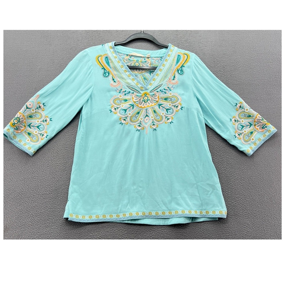 Soft Surroundings Shirt Women's PXS Petite Aqua Blue Embroider Tunic 3/4 Sleeve